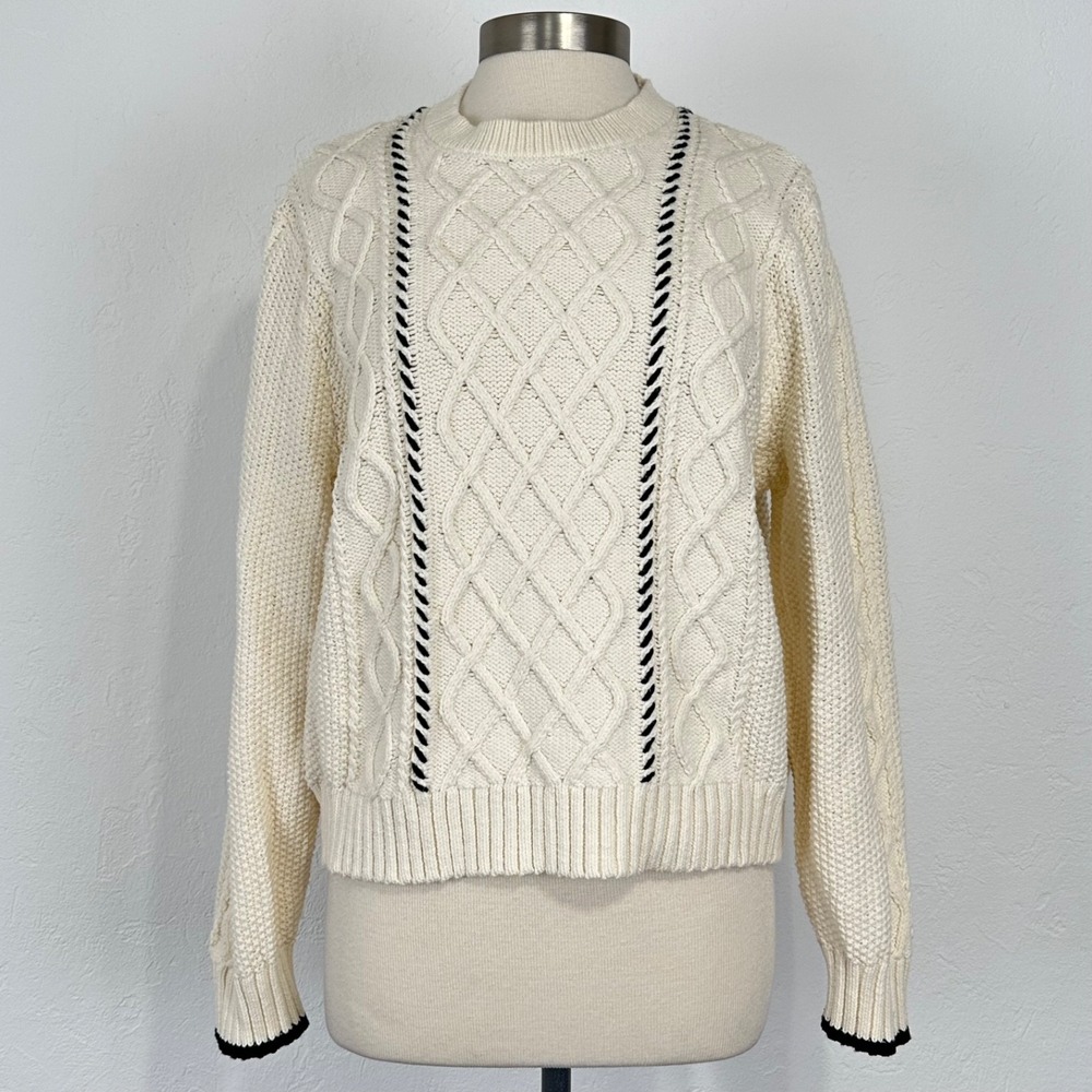 Womens Fisherman Cable Knit Pullover Sweater Sz XL Crew Neck Ivory Cream